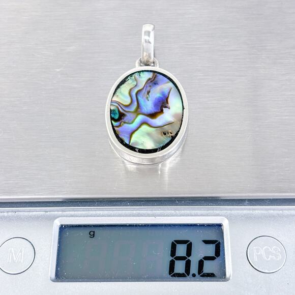 Vintage Sterling Silver 925 Iridescent Gemstone Abalone Oval Pendant - Picture 6 of 7